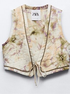 Zara Cream Tie-Dye Quilted Crop Vest with Olive & Lavender Accents